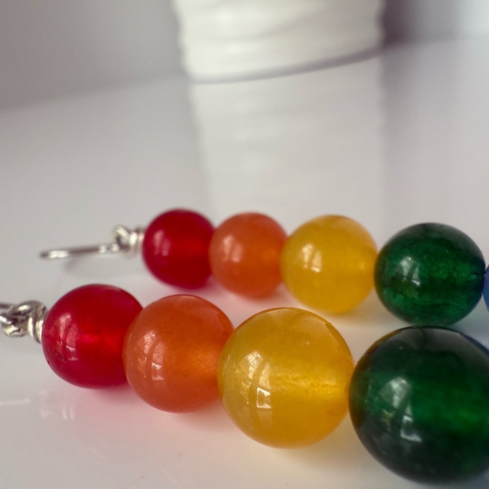 HAND CRAFTED Pride Wire Wrapped Jade Rainbow Sterling Silver Earrings - Picture 8 of 13